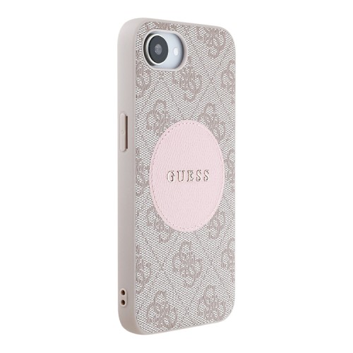 Guess для iPhone 16e чехол PU 4G with Round Patch Metal logo Hard Pink (MagSafe)