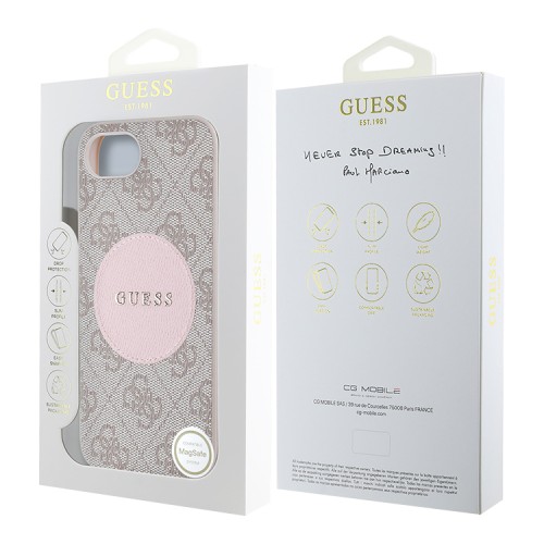 Guess для iPhone 16e чехол PU 4G with Round Patch Metal logo Hard Pink (MagSafe)