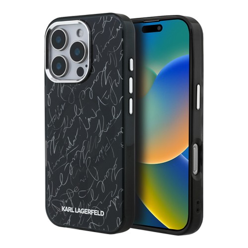 Karl Lagerfeld для iPhone 16 Pro чехол PC/TPU Script pattern Metal camera Hard Black (MagSafe)