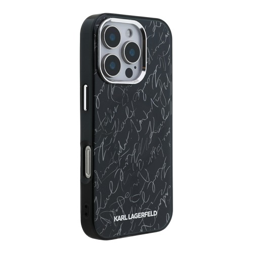 Karl Lagerfeld для iPhone 16 Pro чехол PC/TPU Script pattern Metal camera Hard Black (MagSafe)