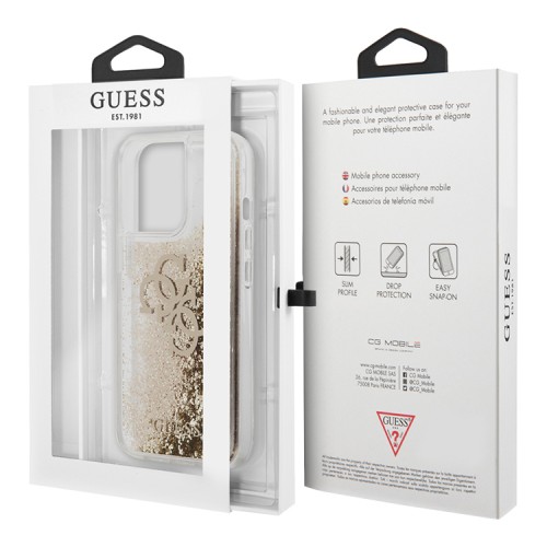Чехол Guess Liquid glitter 4G Big logo Hard для iPhone 13 Pro, золотой