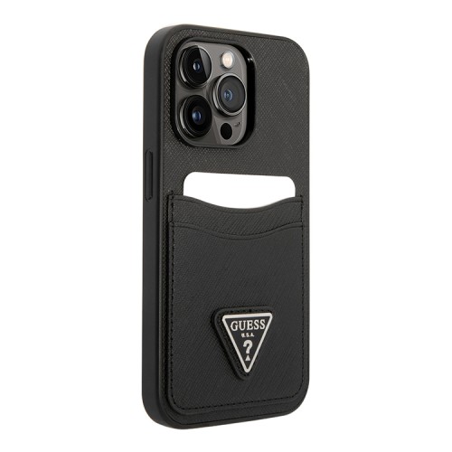 Чехол Guess PU Saffiano Double cardslot w Metal triangle logo Hard для iPhone 14 Pro, черный