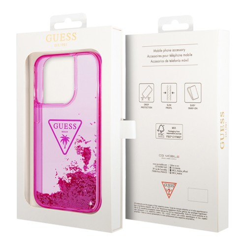 Чехол Guess Liquid glitter Triangle logo Hard Translucent для iPhone 14 Pro, фуксия