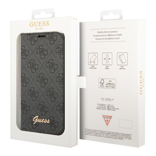 Чехол Guess PU 4G Script metal logo Booktype для iPhone 14 Pro, черный