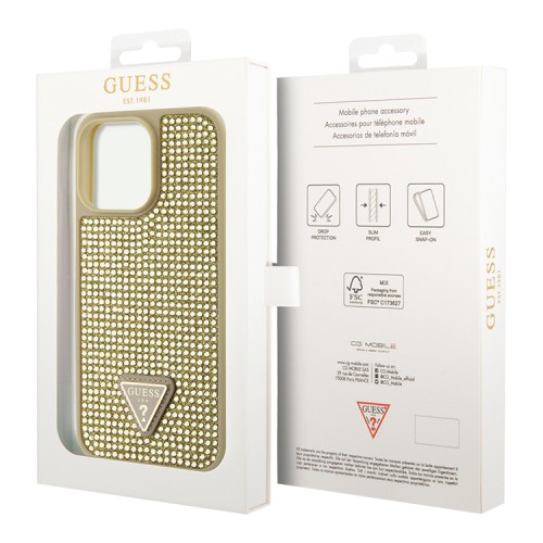 Чехол Guess Diamond Rhinestone Triangle metal logo Hard для iPhone 14 Pro, золотой