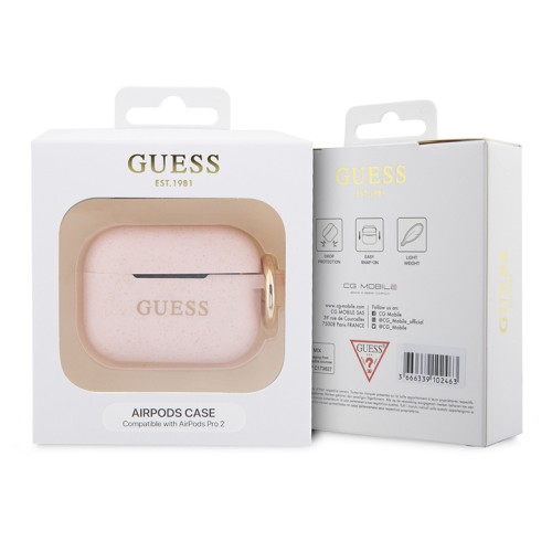 Чехол Guess Silicone Glitter с кольцом для Airpods Pro 2, розовый
