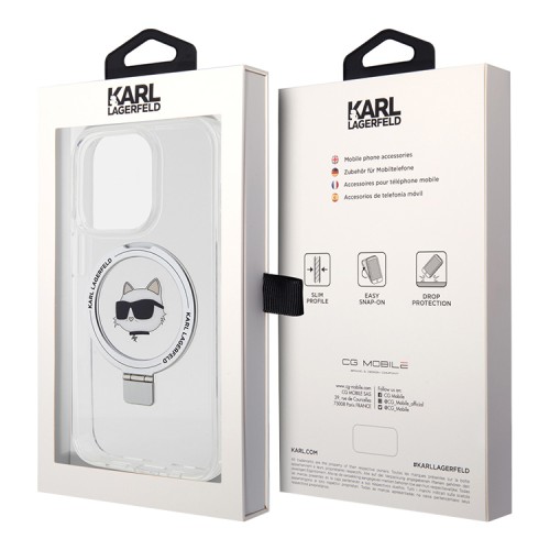 Karl Lagerfeld для iPhone 15 Pro чехол PC/TPU + Ring stand NFT Choupette head Hard White (MagSafe)
