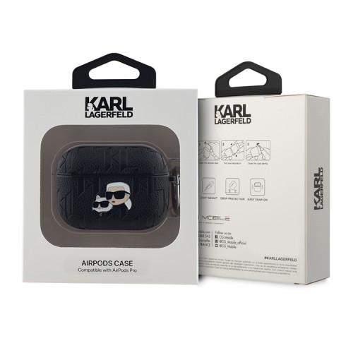 Karl Lagerfeld для Airpods Pro чехол PU Saffiano Monogram with ring NFT Metal Head Karl&Choupette Black