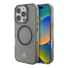 Mercedes для iPhone 16 Pro чехол PC/TPU Transparent with Silver Ring, Black (MagSafe)