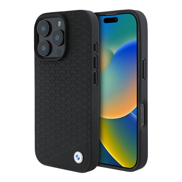 BMW для iPhone 16 Pro Max чехол Signature Leather Diamond pattern Metal logo Hard Black (MagSafe)