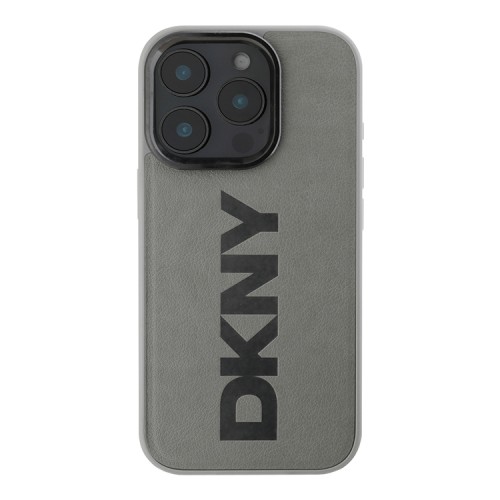 DKNY для iPhone 16 Pro чехол PU Plain leather Logo imprint Hard Grey (MagSafe)