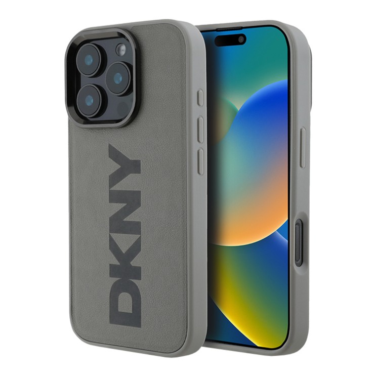 DKNY для iPhone 16 Pro чехол PU Plain leather Logo imprint Hard Grey (MagSafe)