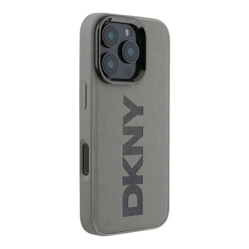 DKNY для iPhone 16 Pro чехол PU Plain leather Logo imprint Hard Grey (MagSafe)