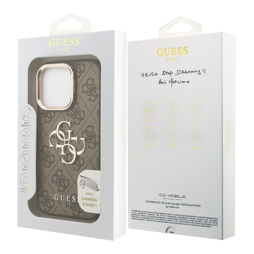 Guess для iPhone 15 Pro Max чехол PU 4G Big metal logo and Camera Stand Hard Brown