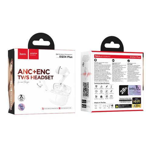 HOCO наушники TWS EQ34 Plus Rima true wireless ANC+ENC (App) White