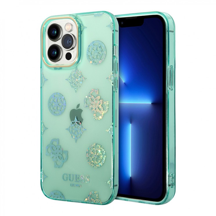 Чехол Guess Peony glitter Electroplated camera Hard для iPhone 14 Pro, Turquoise