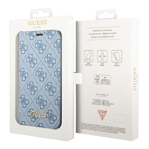 Чехол Guess PU 4G Script metal logo Booktype для iPhone 14 Pro, голубой