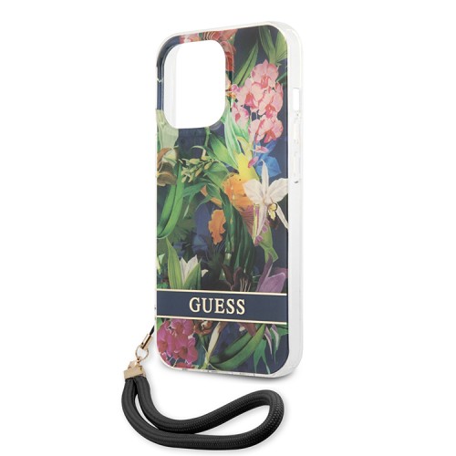 Чехол Guess Flower pattern Hard +Hand cord для iPhone 13 Pro, синий