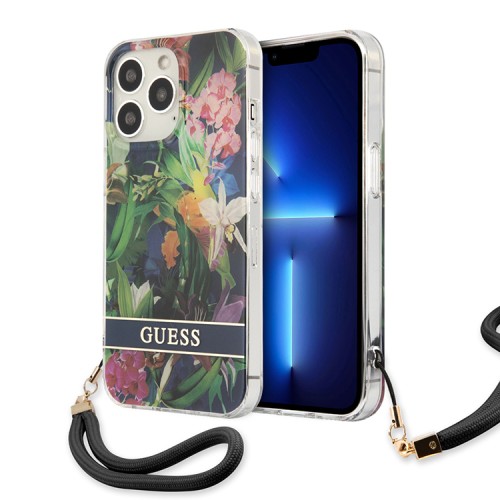 Чехол Guess Flower pattern Hard +Hand cord для iPhone 13 Pro, синий