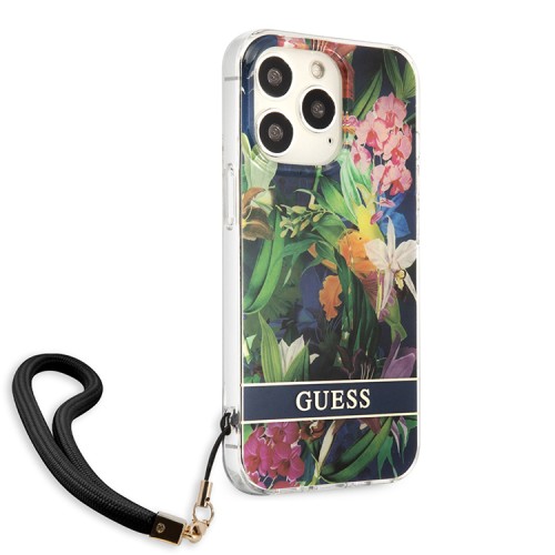 Чехол Guess Flower pattern Hard +Hand cord для iPhone 13 Pro, синий