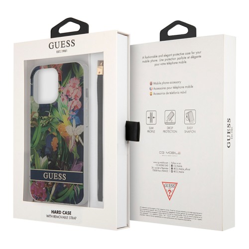 Чехол Guess Flower pattern Hard +Hand cord для iPhone 13 Pro, синий