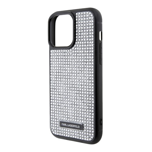Lagerfeld для iPhone 15 Pro чехол Diamond Rhinestone Metal logo Hard Silver