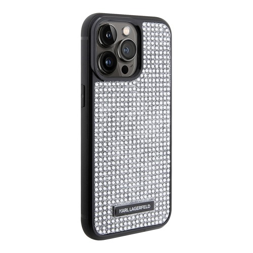 Lagerfeld для iPhone 15 Pro чехол Diamond Rhinestone Metal logo Hard Silver