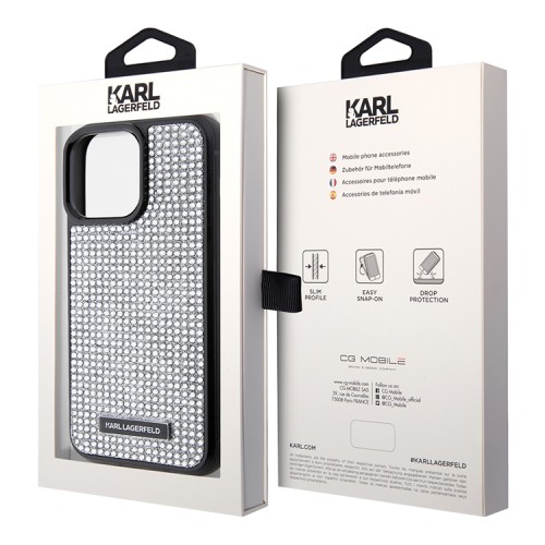 Lagerfeld для iPhone 15 Pro чехол Diamond Rhinestone Metal logo Hard Silver