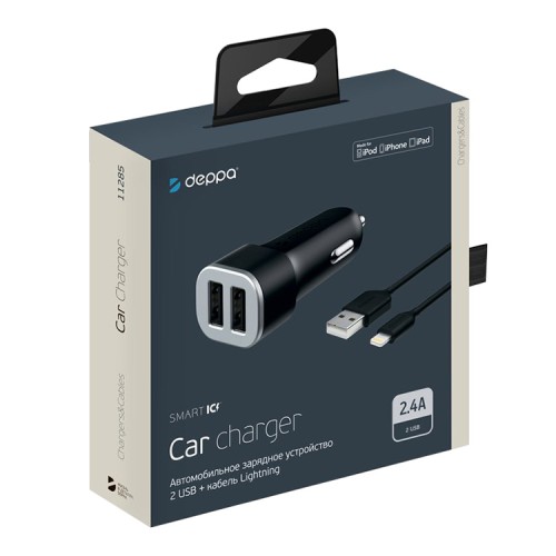 Автомобильное зарядное устройство Deppa 2 USB (2.4А) с кабелем 8-pin для Apple, MFI, черный