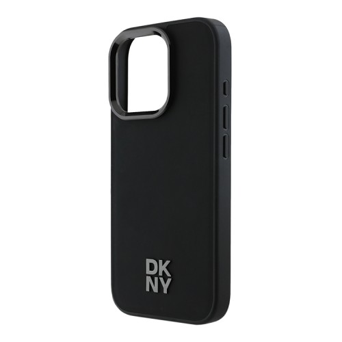 DKNY для iPhone 16 Pro чехол PU Plain leather Stack Metal logo Hard Black (MagSafe)