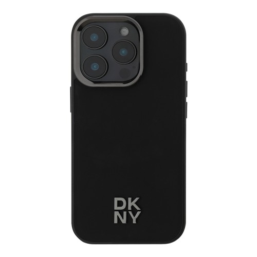 DKNY для iPhone 16 Pro чехол PU Plain leather Stack Metal logo Hard Black (MagSafe)