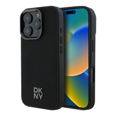 DKNY для iPhone 16 Pro чехол PU Plain leather Stack Metal logo Hard Black (MagSafe)