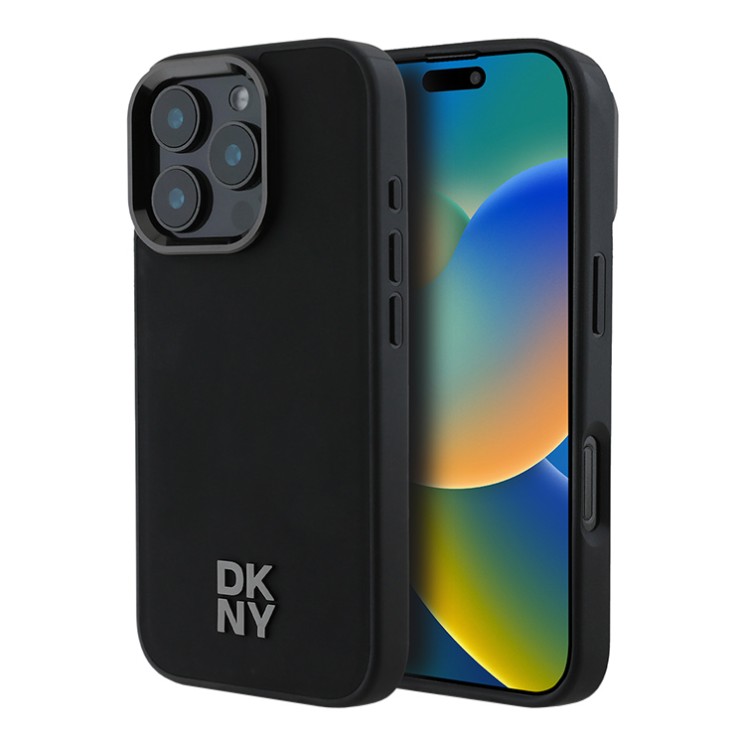 DKNY для iPhone 16 Pro чехол PU Plain leather Stack Metal logo Hard Black (MagSafe)