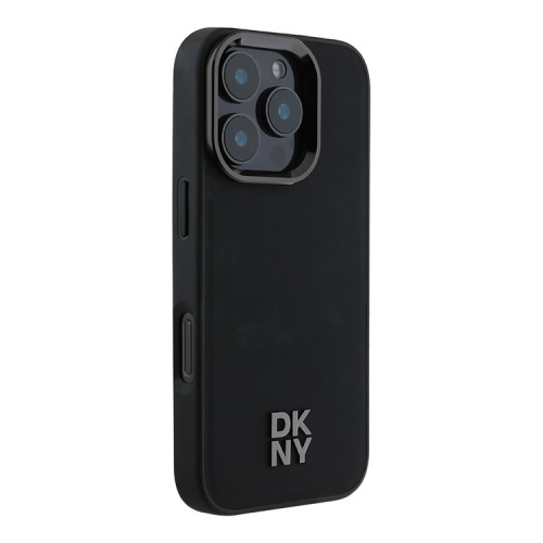 DKNY для iPhone 16 Pro чехол PU Plain leather Stack Metal logo Hard Black (MagSafe)