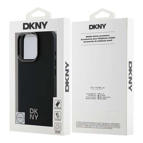DKNY для iPhone 16 Pro чехол PU Plain leather Stack Metal logo Hard Black (MagSafe)
