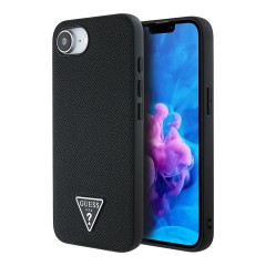 Guess для iPhone 16e чехол PU Grained leather Triangle metal logo Black (MagSafe)