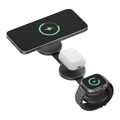 Energea Беспроводное СЗУ AluMag Trio, 3in1 Foldable Qi2 Aluminium Wireless MagSafe 22.5W Gunmetal