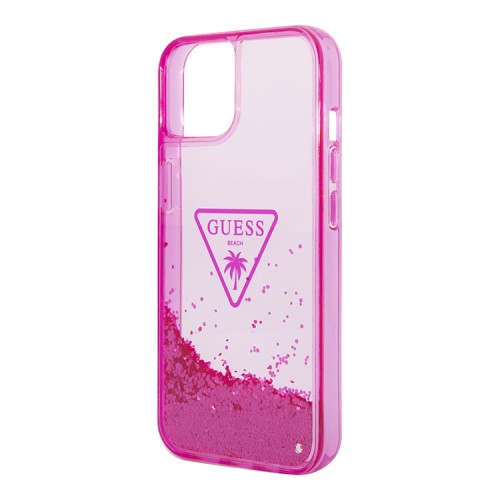 Чехол Guess Liquid glitter Triangle logo Hard Translucent для iPhone 14, фуксия