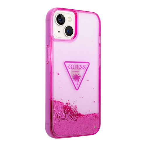 Чехол Guess Liquid glitter Triangle logo Hard Translucent для iPhone 14, фуксия