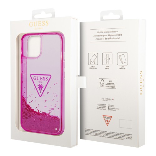Чехол Guess Liquid glitter Triangle logo Hard Translucent для iPhone 14, фуксия