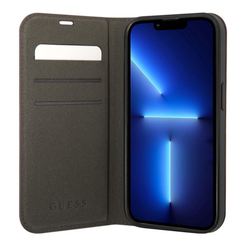 Чехол Guess PU 4G Script metal logo Booktype для iPhone 14 Pro, коричневый
