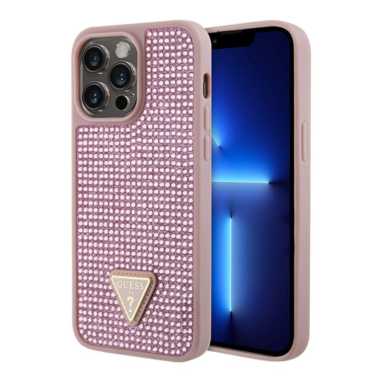 Чехол Guess Diamond Rhinestone Triangle metal logo Hard для iPhone 14 Pro, розовый