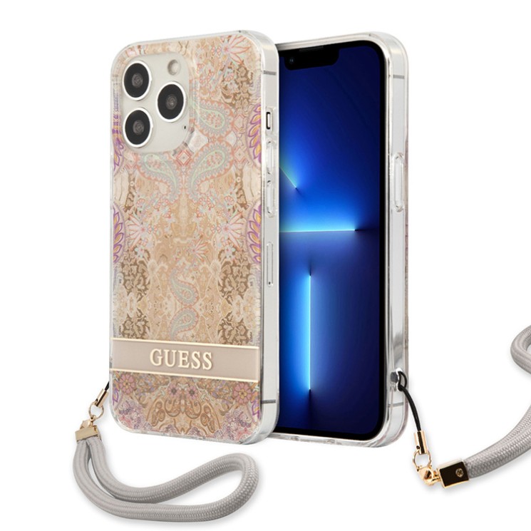 Чехол Guess Flower pattern Hard +Hand cord для iPhone 13 Pro, золотой