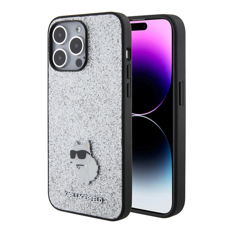 Lagerfeld для iPhone 15 Pro чехол Fixed glitters NFT Choupette Metal pin Hard Silver