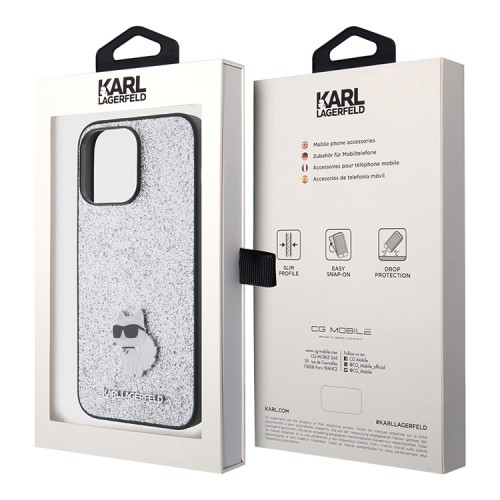 Lagerfeld для iPhone 15 Pro чехол Fixed glitters NFT Choupette Metal pin Hard Silver