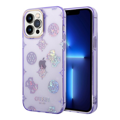 Guess для iPhone 14 Pro чехол PC/TPU Peony glitter Electroplated camera Hard Lilac