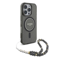 Guess для iPhone 16 Pro чехол PC/TPU Glitter (MagSafe) +ремешок из бисера, черный