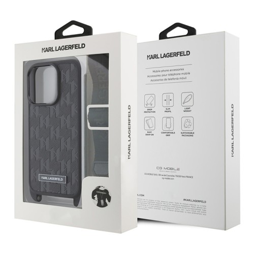 Karl Lagerfeld для iPhone 16 Pro Max чехол Crossbody PU Monogram Metal Plate logo +Strap Hard Black