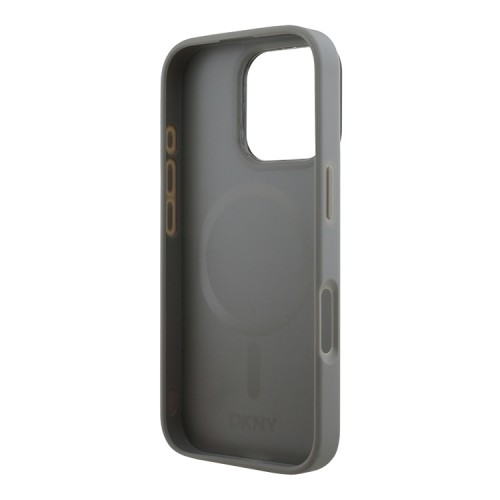 DKNY для iPhone 16 Pro чехол PU Plain leather Stack Metal logo Hard Grey (MagSafe)