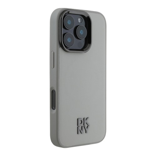 DKNY для iPhone 16 Pro чехол PU Plain leather Stack Metal logo Hard Grey (MagSafe)